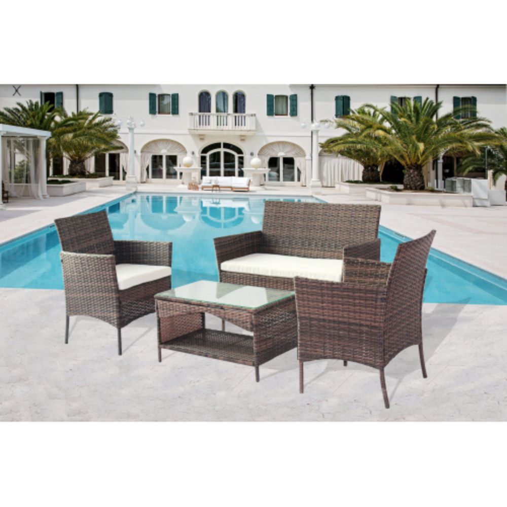 4-Piece Rattan Outdoor Conversation Seating Set with White Cushions and Patio Tempered Glass Table