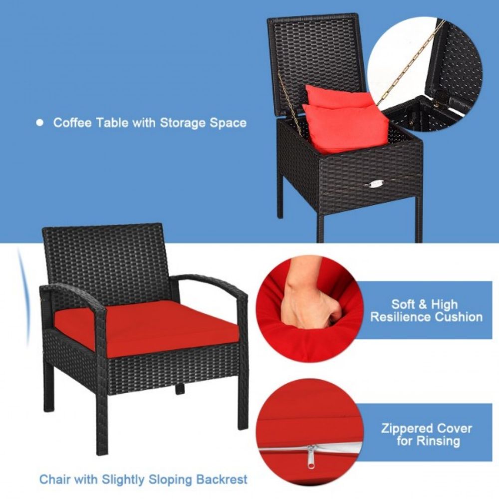 3-Piece Wicker Patio Conversation Set with Red Cushions