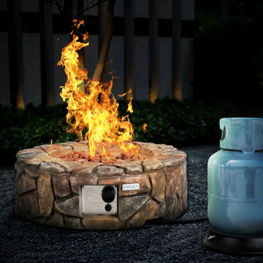 28 in. W X 9.5 in. H Outdoor Round Stone Gas Fire Stove Pit in Brown