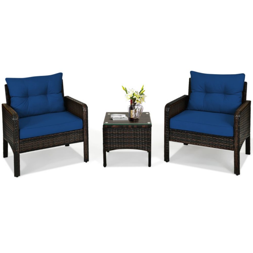 3-Pieces Outdoor Wicker Patio Conversation Furniture Set with Navy Blue Cushion