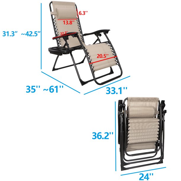 SUGIFT Set of 2 Adjustable Zero Gravity Lounge Reclining Chairs, W/ Cup Holder Tray & Pillow, Foldable, MAX 330LBs, 2PCS, Beige