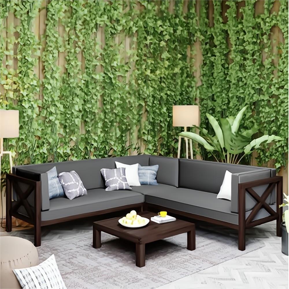 4-Piece Outdoor Wood Patio Backyard Sectional Seating Group with Gray Cushions and Table