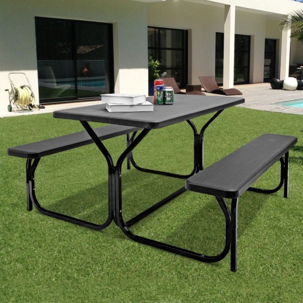 All-Weather Metal Outdoor Picnic Table Bench Set with Metal Base Wood