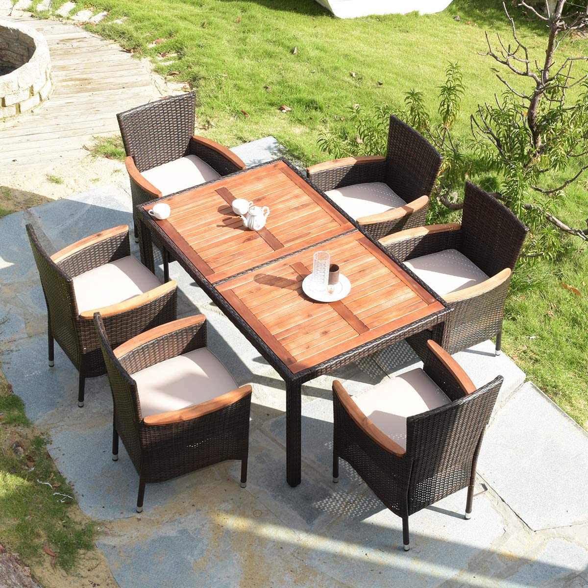 7-Piece Rattan Wicker Outdoor Dining Set with Beige Cushions