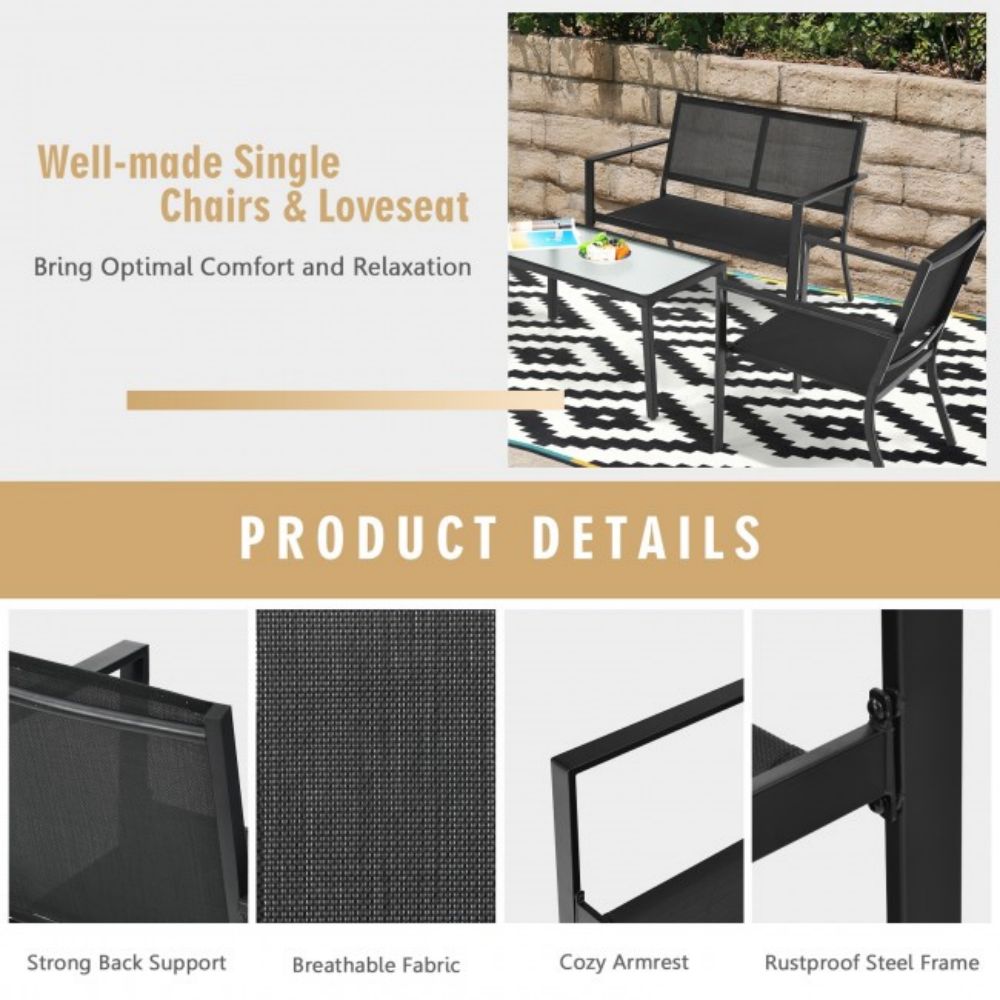 Black 4-Piece Metal Furniture Patio Conversation Set with Glass Top Coffee Table
