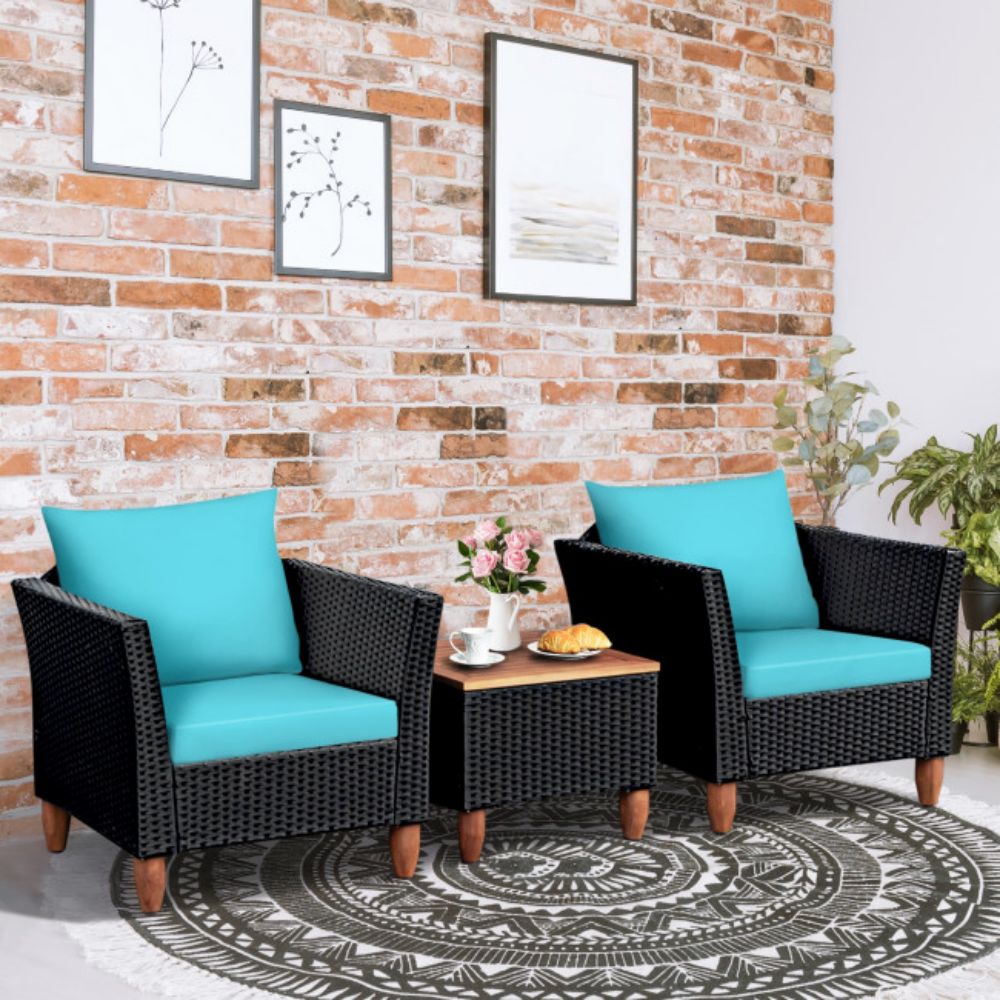 3-Pieces Rattan Outdoor Patio Conversation Set with Turquoise Cushions