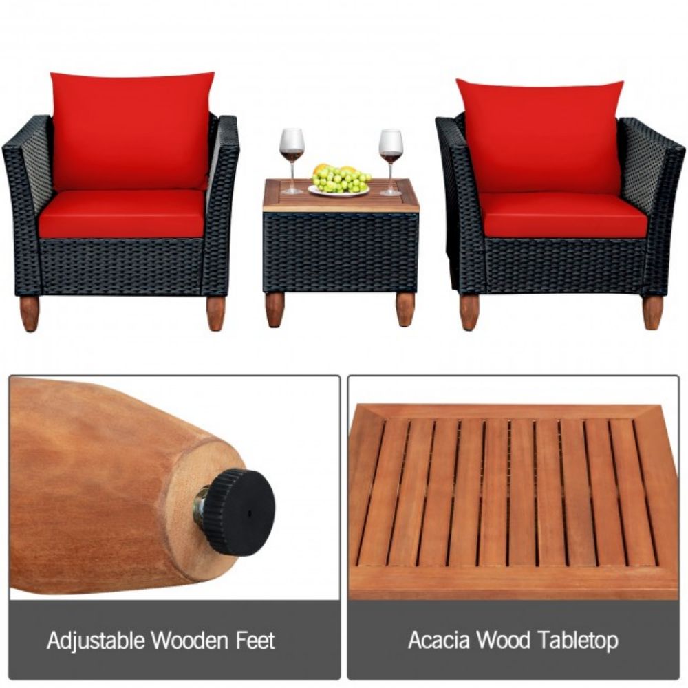 3-Pieces Outdoor Patio Rattan Conversation Set with Red Cushions