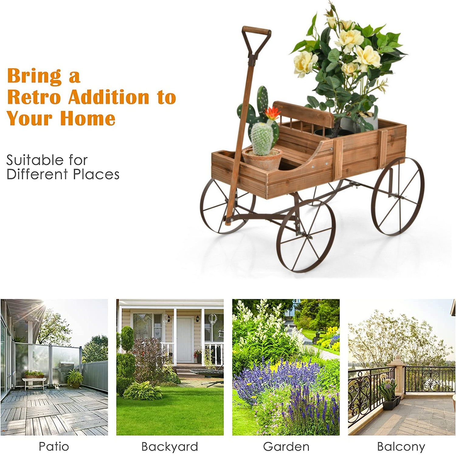 Wooden Wagon Plant Bed in Brown with Metal Wheels