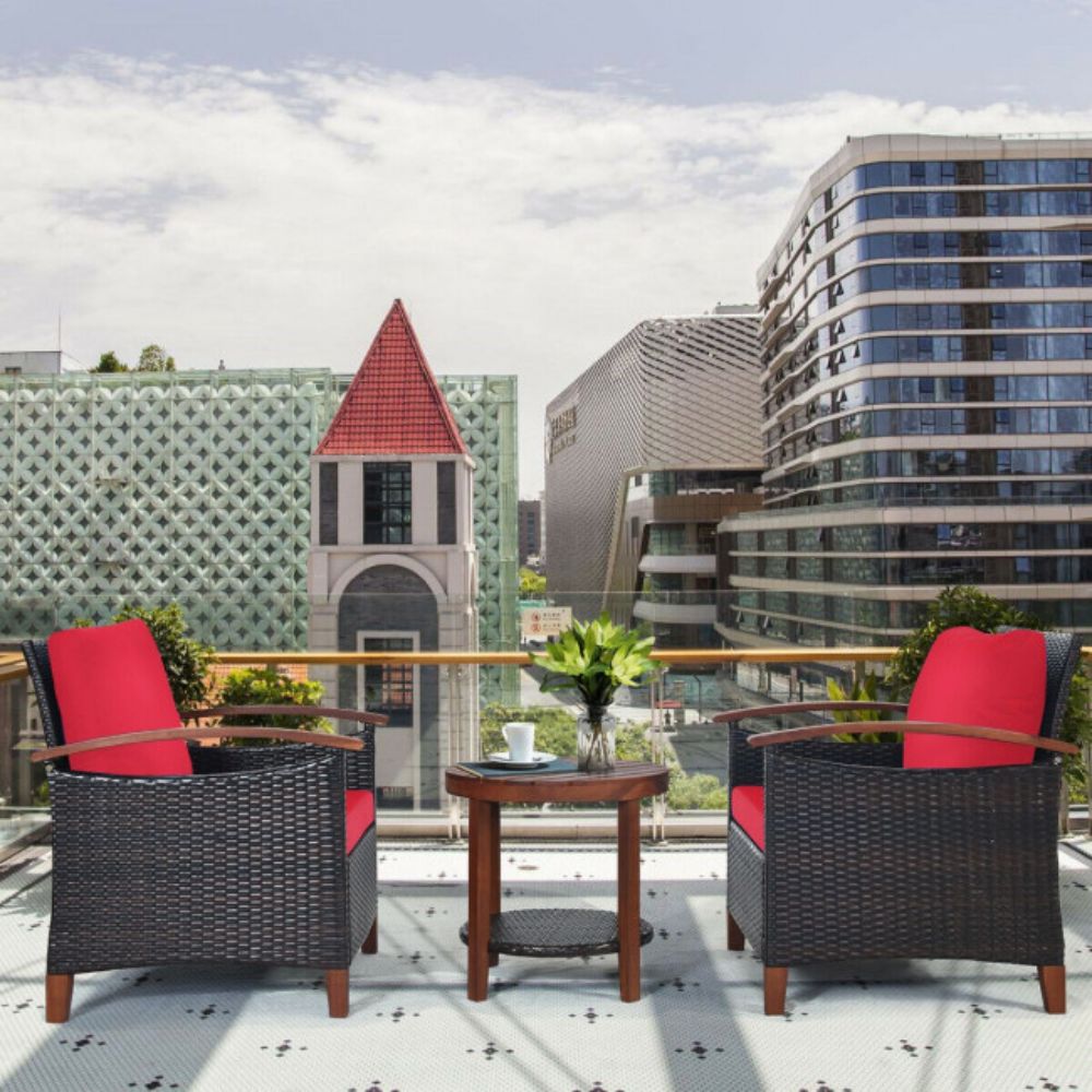 3-Pieces Outdoor Wicker Wooden Frame Patio Conversation Furniture Set with Red Cushion