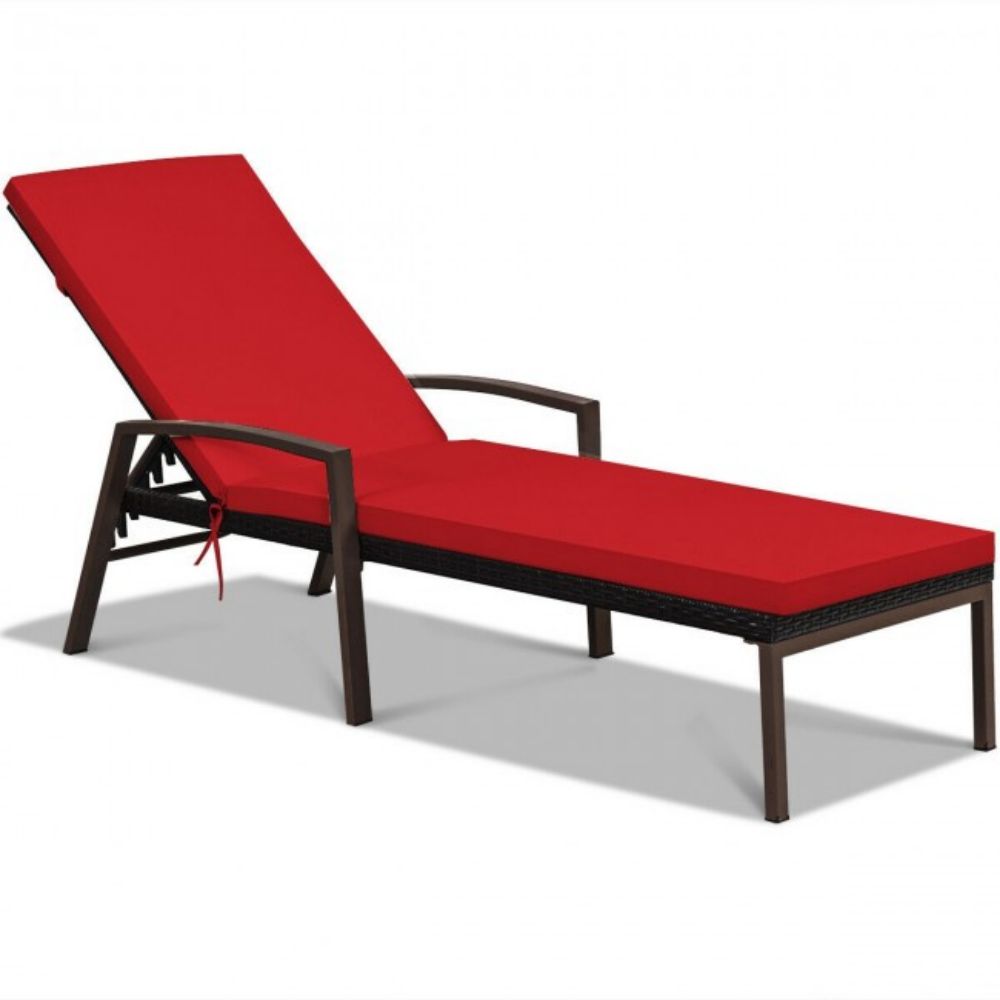 Brown Adjustable Metal Outdoor Lounge Chair in Red Cushion (Set of 2-Packs)