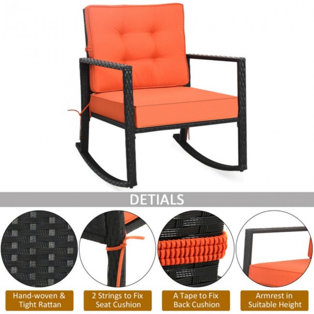 Patio Rattan Wicker Rocking Chair Outdoor Rocking Chair with Orange Cushions