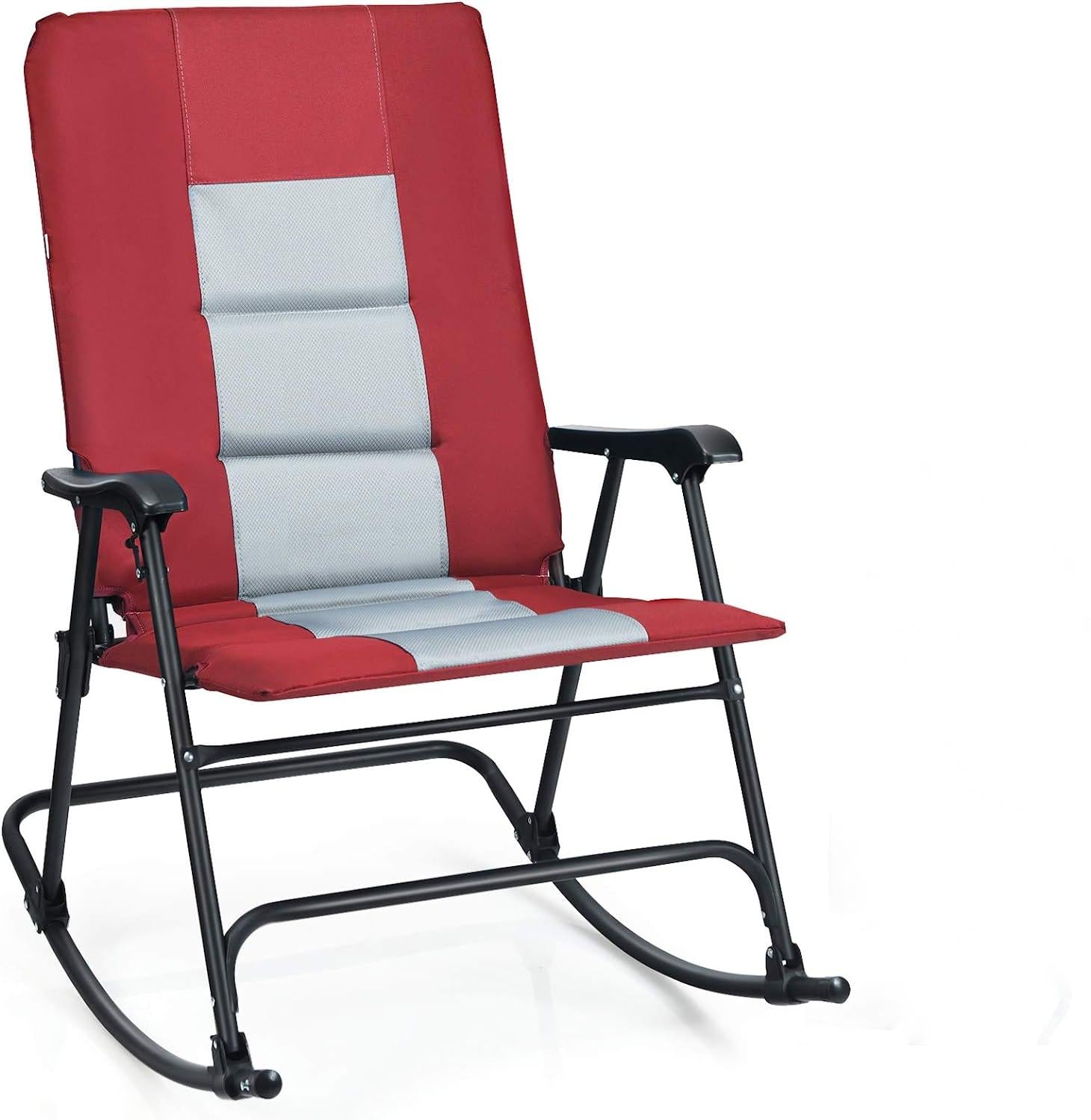Metal Foldable Padded Portable Camping Outdoor Rocking Chair in Red with Backrest and Armrest
