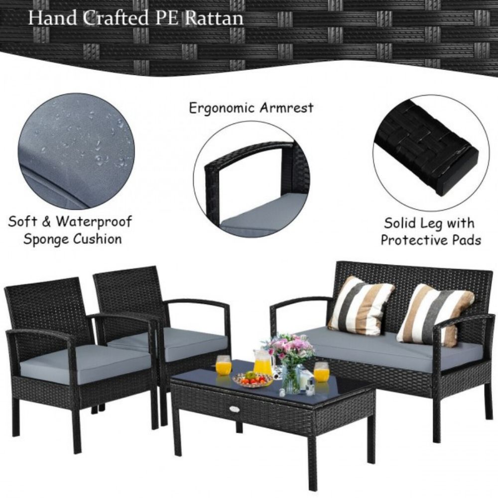4-Pieces Rattan Wicker Patio Conversation Set with Black Cushions