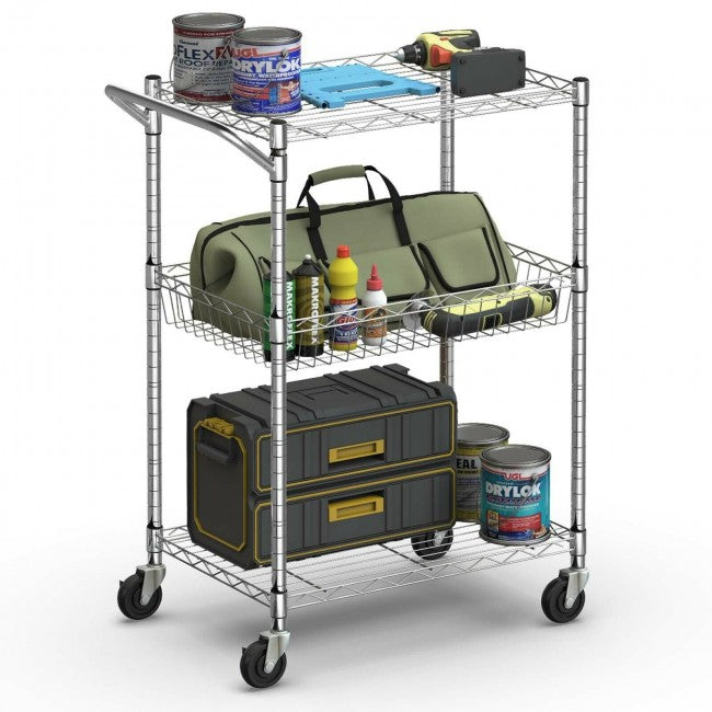 SUGIFT 3-Tier Utility Cart Heavy Duty Wire Rolling Cart with Handle Bar Storage Trolley