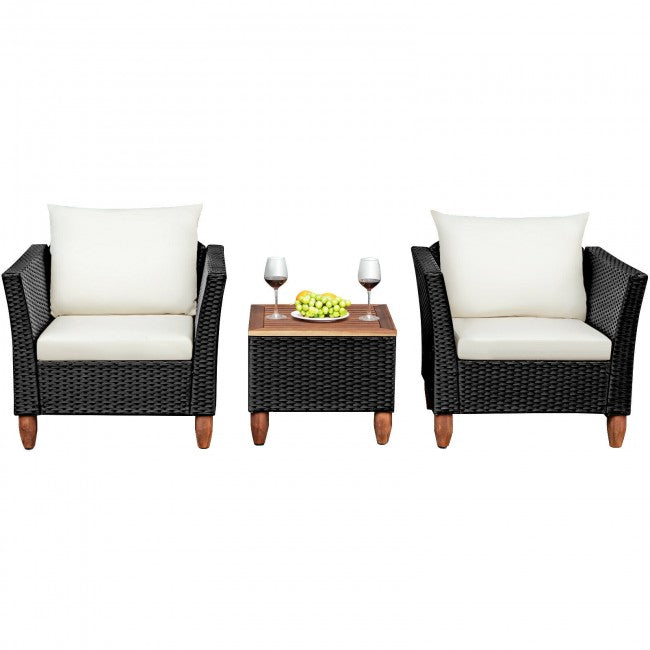 3-Pieces Outdoor Patio Rattan Conversation Set with White Cushions