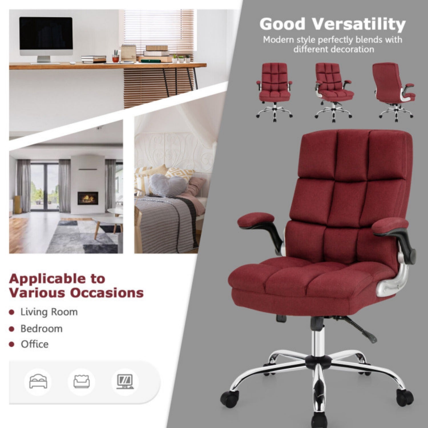 SUGIFT Adjustable Swivel Office Chair with High Back and Flip-up Arm, Red