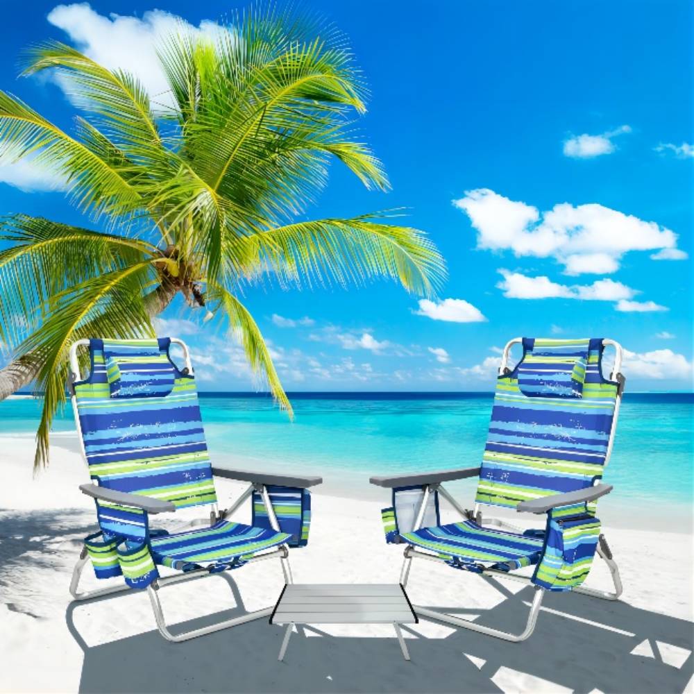 Outdoor Folding Backpack Beach Table Chair Reclining Chair Set (2-Pack)