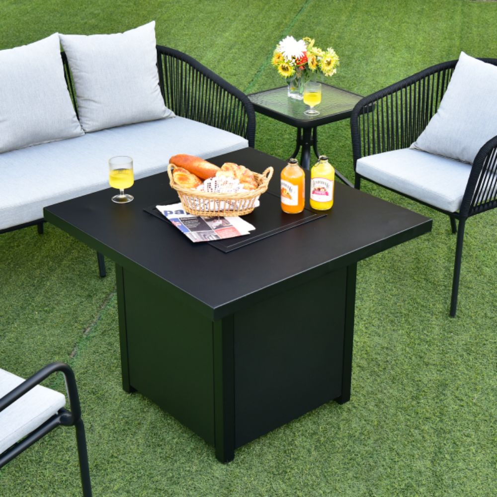 32 in. Outdoor Steel Square Propane Gas Fire Pit Table with Lid and Fire Glass