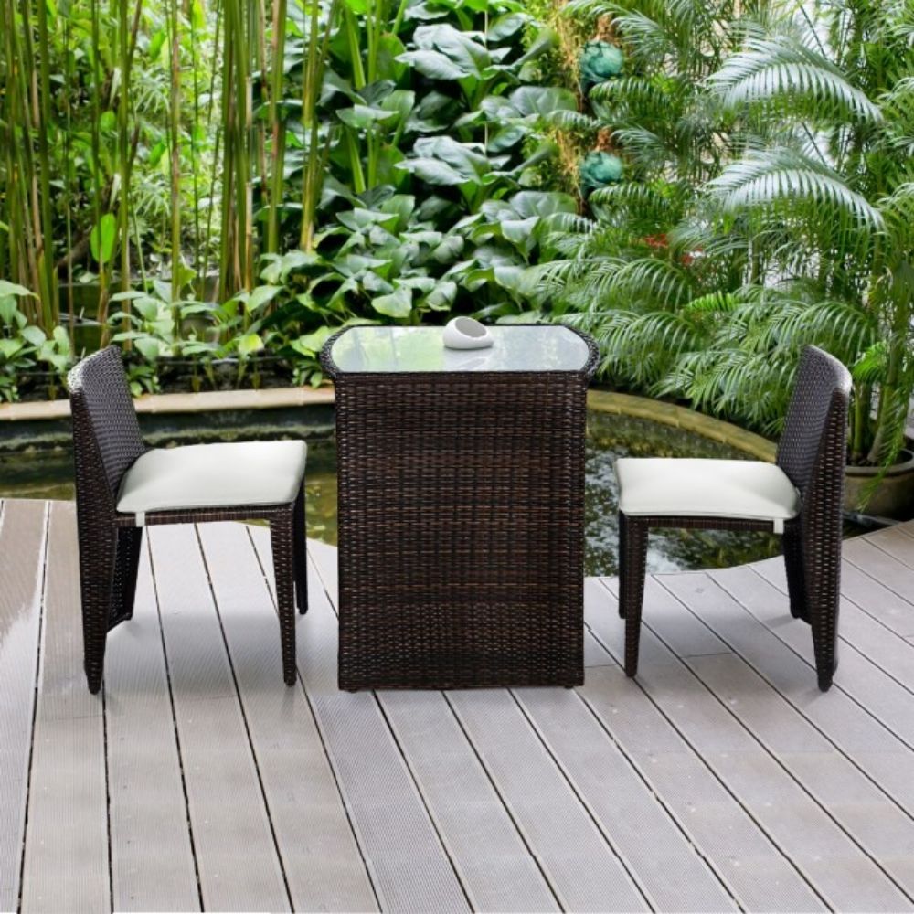 3-Pieces Wicker Patio Cushioned Outdoor Chair and Table Set with Beige Cushion