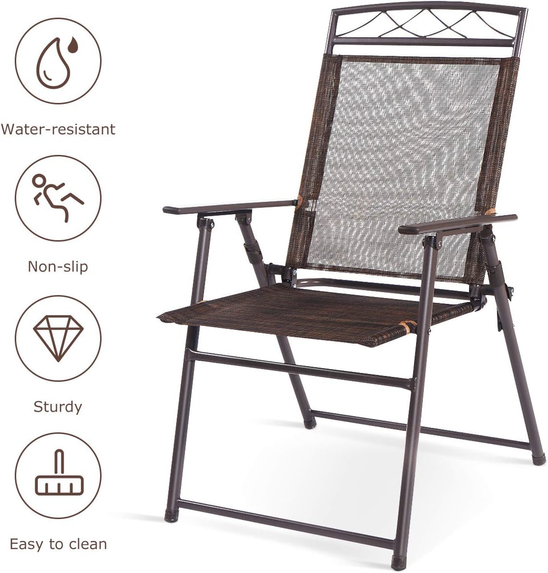 Brown Folding Metal Outdoor Dining Chairs with Steel Armrest (4-Pack)