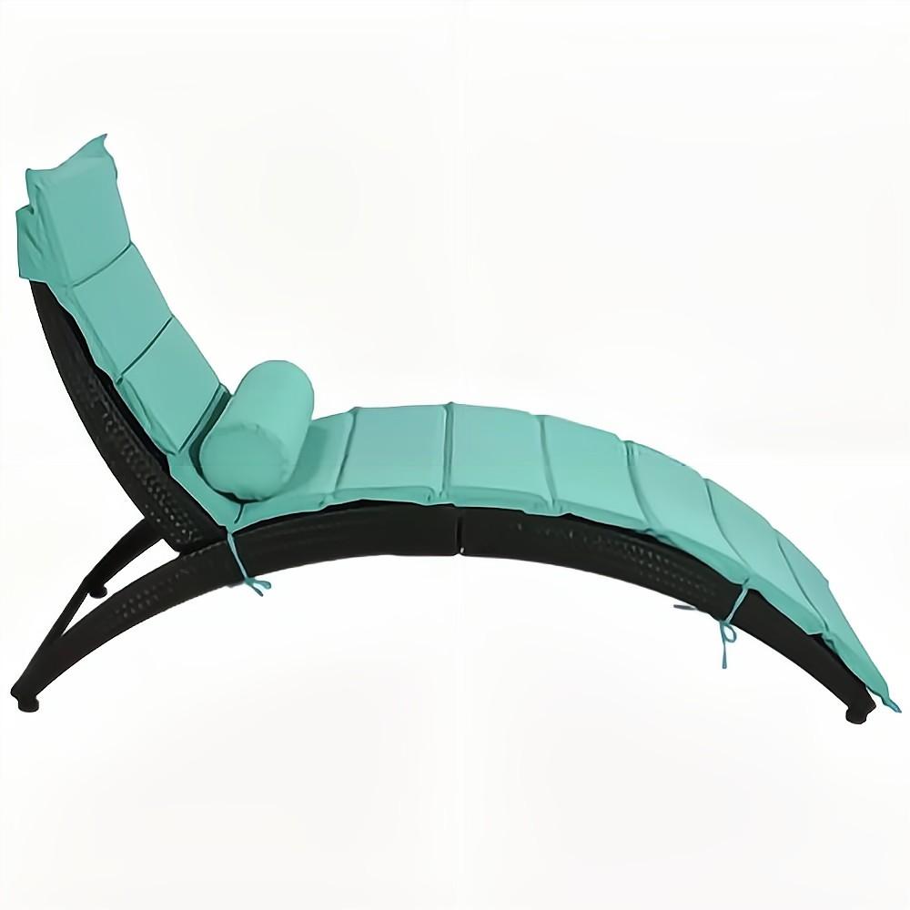 Black Wicker Outdoor Patio Sun Foldable Chaise Lounger with Turquoise Removable Cushion and Pillow