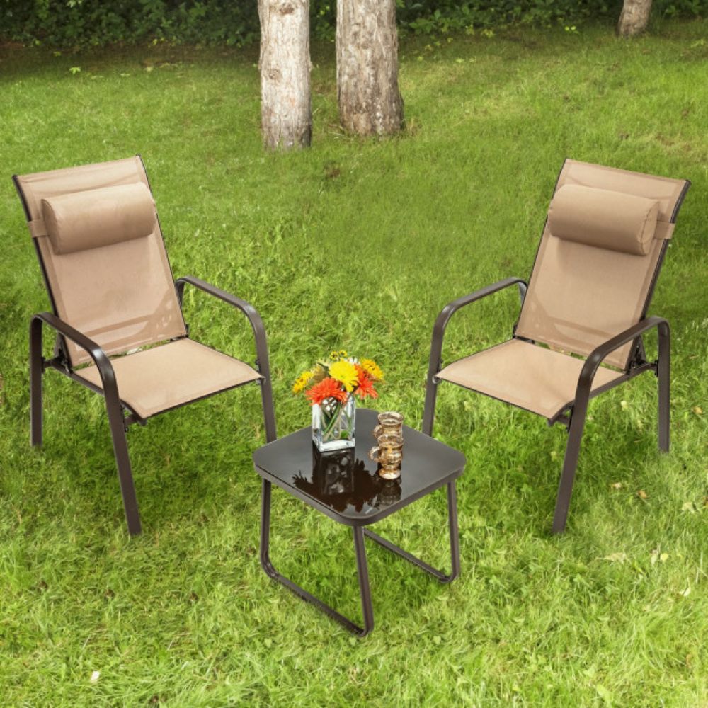 Brown 3-Pieces Metal Stackable Outdoor Patio Bistro Conversation Set with Adjustable Backrest