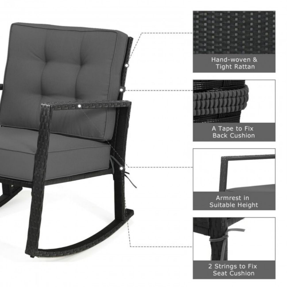 Patio Rattan Wicker Rocking Chair Outdoor Rocking Chair with Gray Cushions