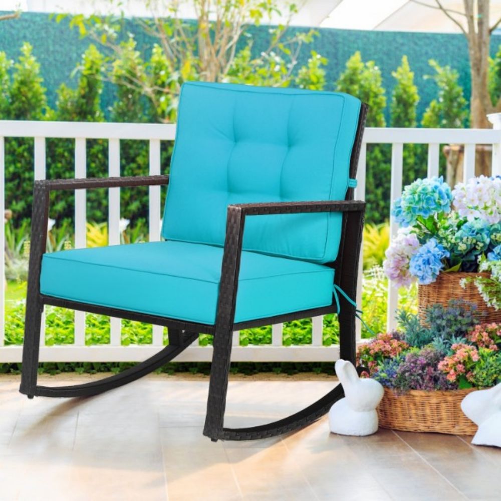 Patio Rattan Wicker Rocking Chair Outdoor Rocking Chair with Turquoise Cushions