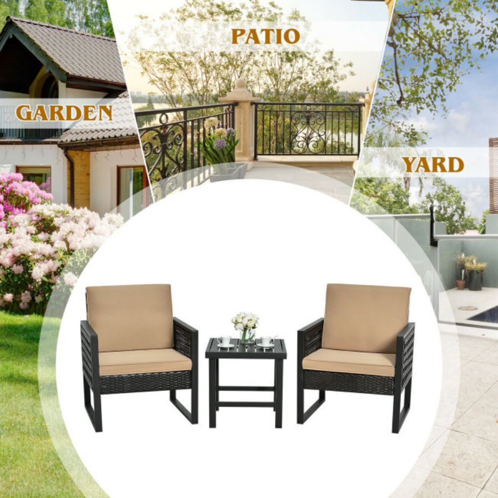 3-Pieces Outdoor Rattan steel Frame Patio Conversation Furniture Set with Brown Cushion