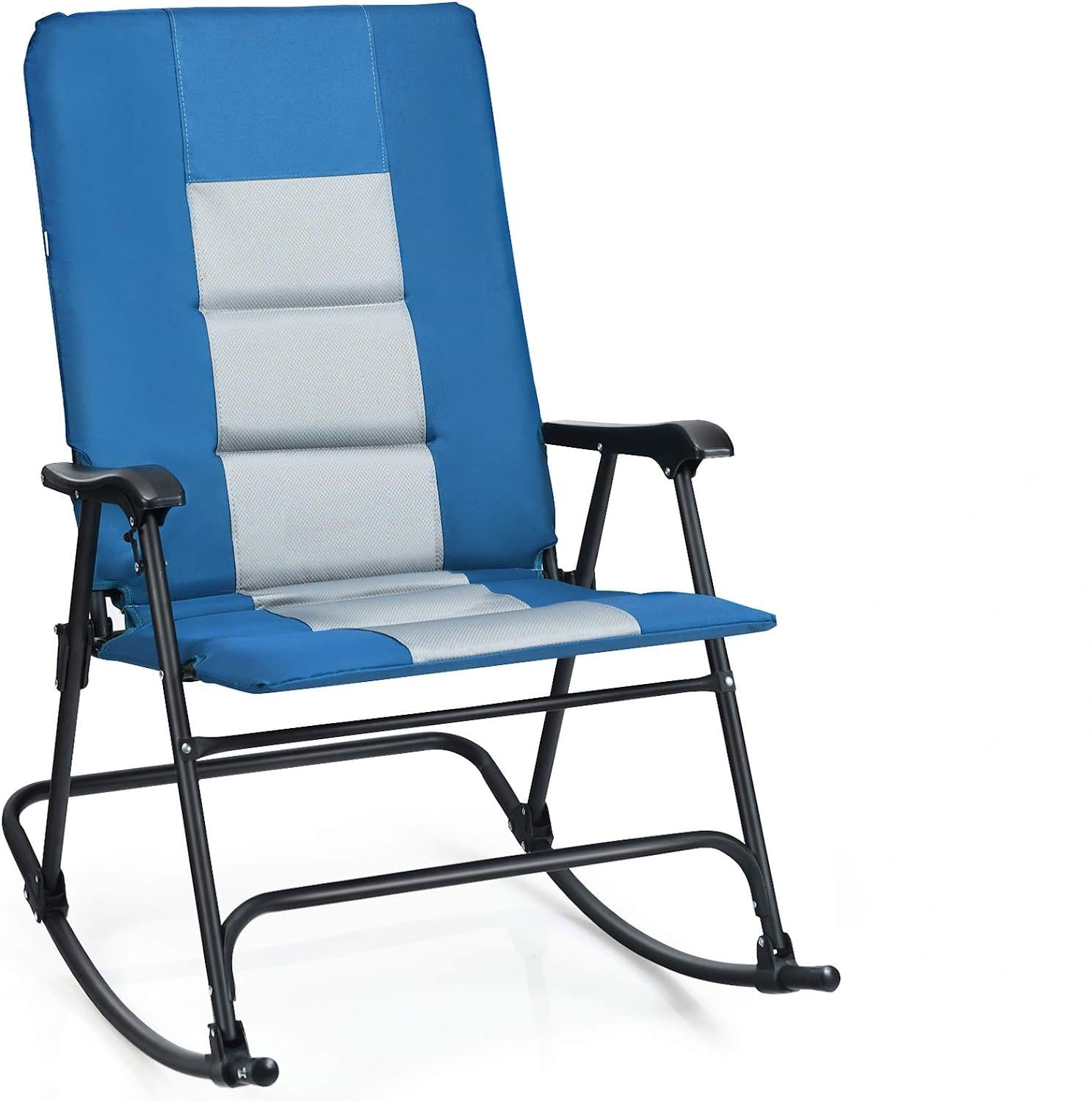 Metal Foldable Padded Portable Camping Outdoor Rocking Chair in Blue with Backrest and Armrest