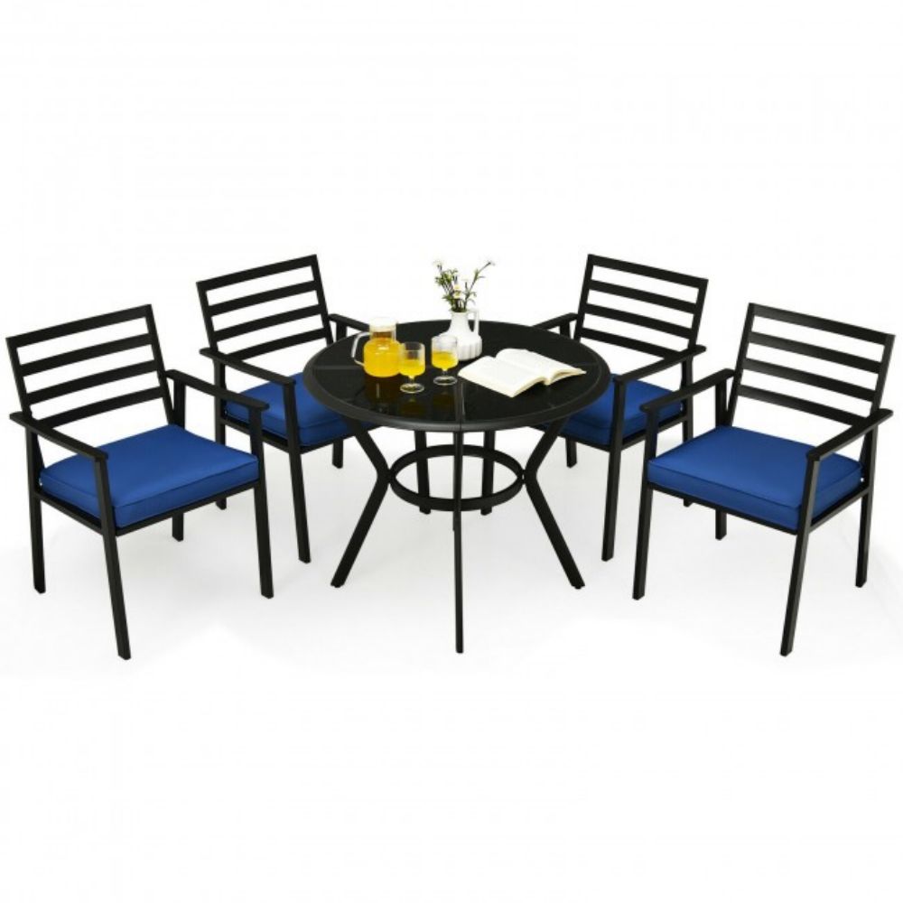 5-Piece Metal Outdoor Dining Chair Table Set with Blue Cushions