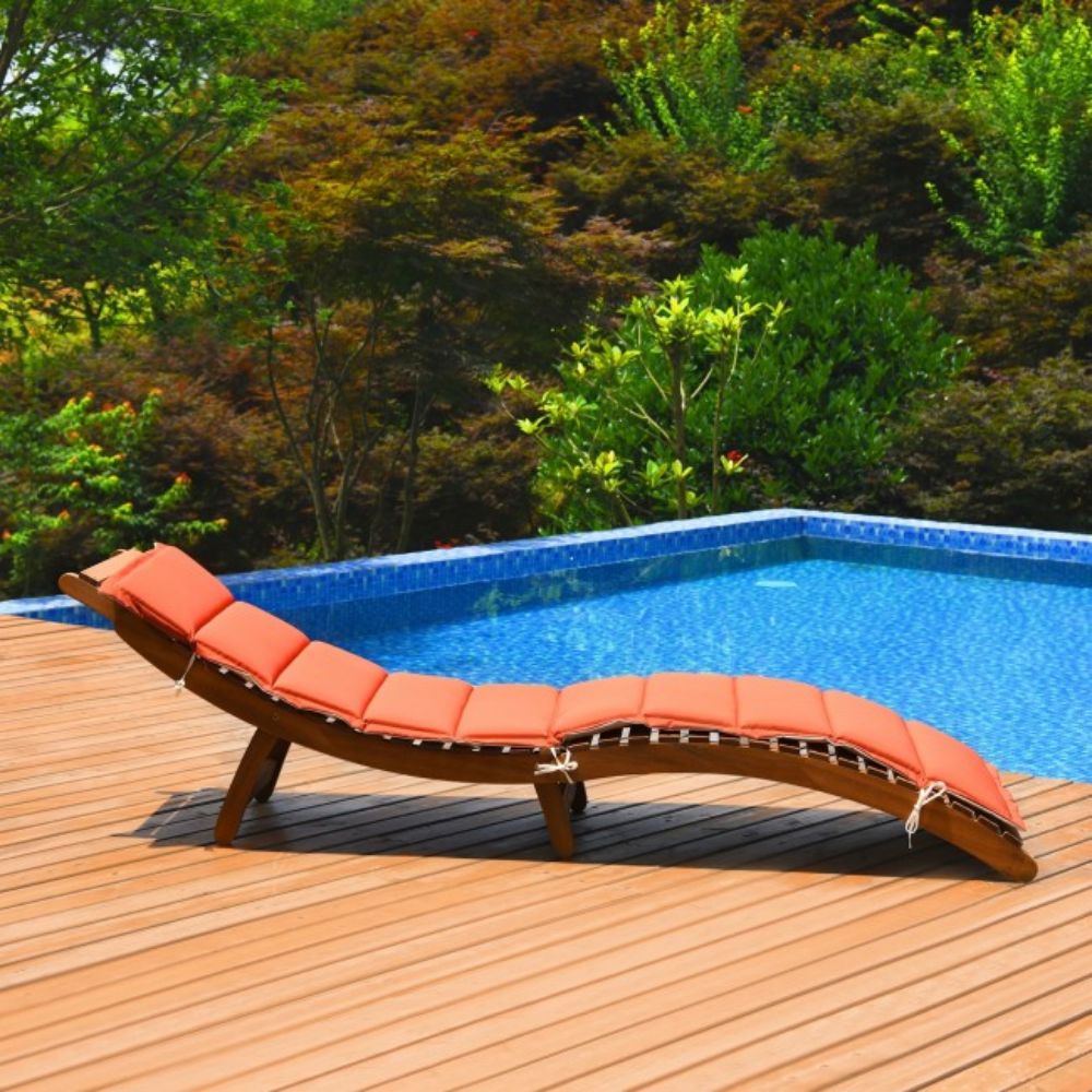Folding Wood Outdoor Patio Lounge Chair with Red/White Cushion