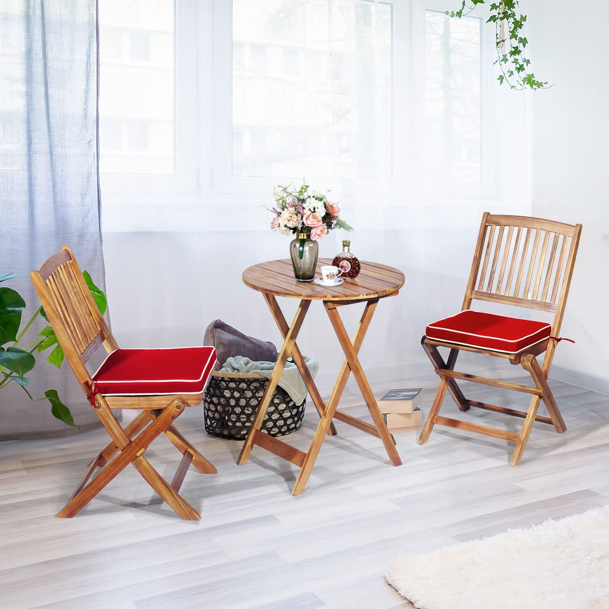 3-Piece Patio Folding Wooden Outdoor Bistro Set with Red Cushions