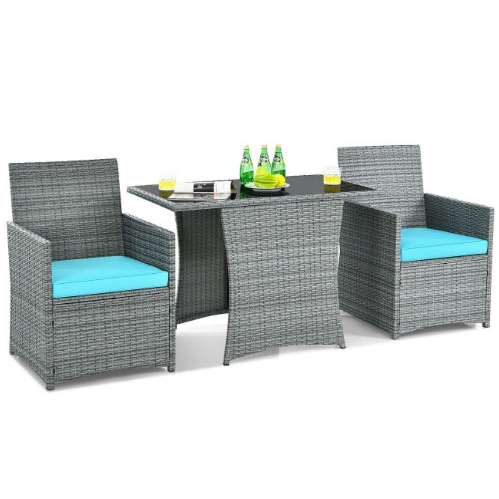 3-Piece Patio Rattan Wicker Outdoor Bistro Set Dining Table Set with Turquoise Cushions