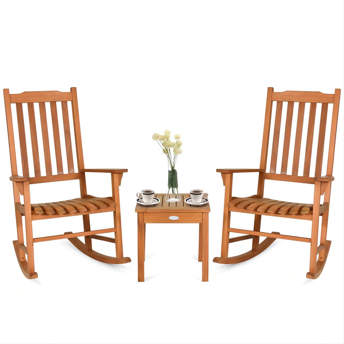 Natural 3-Pieces Wooden Patio Outdoor Rocking Chair Set