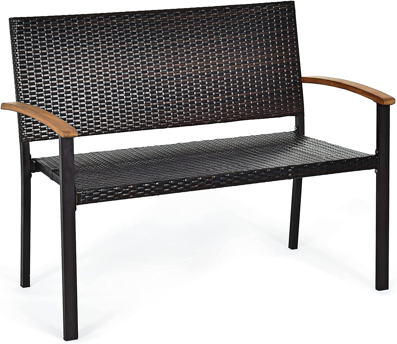 45 in. Outdoor Patio Rattan Wicker Bench with Acacia Armrest