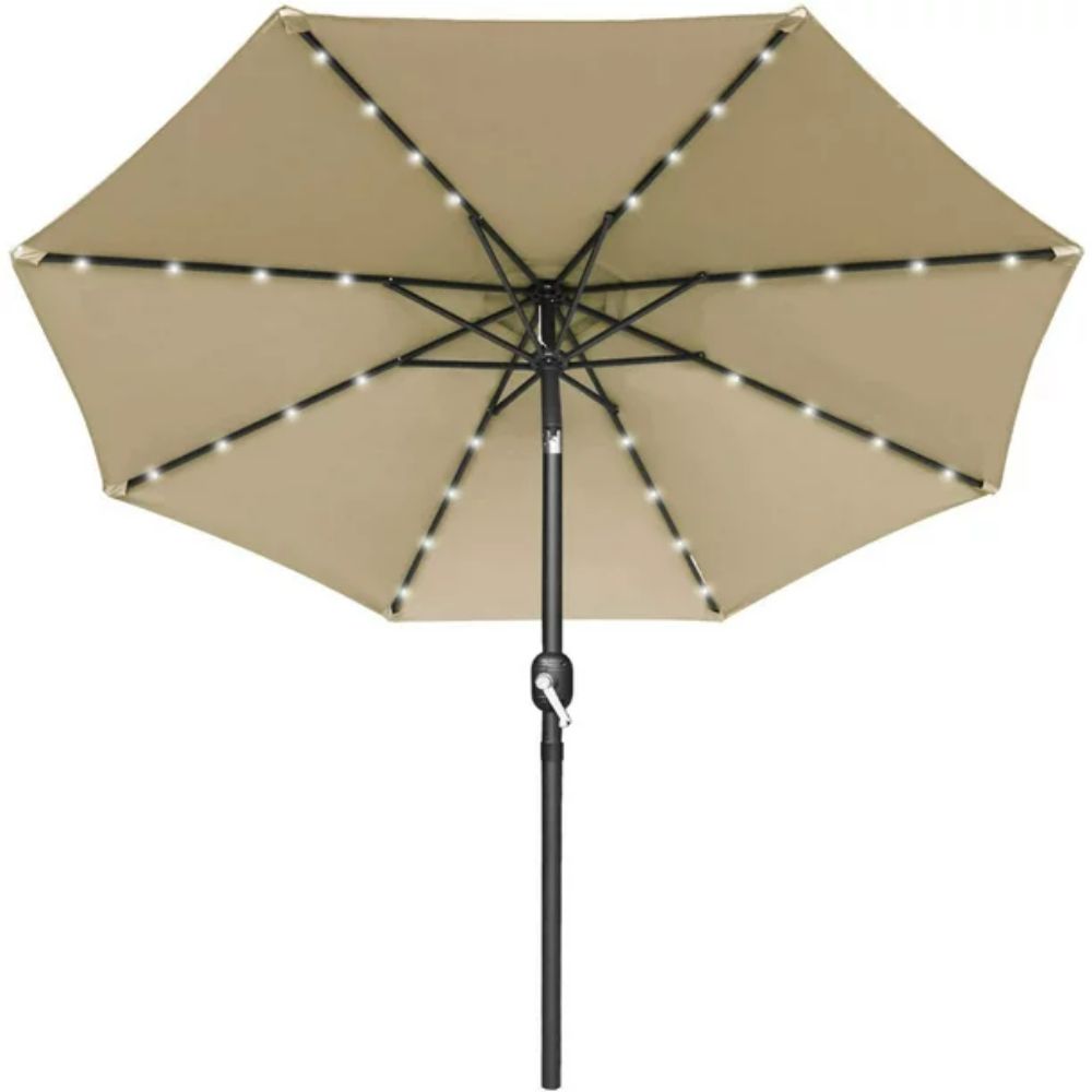 10 ft. Metal Market Solar Tilt Patio Umbrella with Crank and LED Lights in Beige