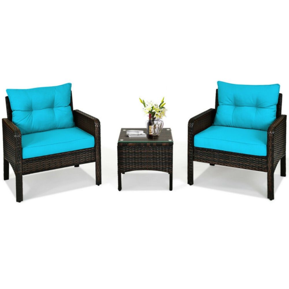 3-Pieces Outdoor Wicker Patio Conversation Furniture Set with Turquoise Cushion