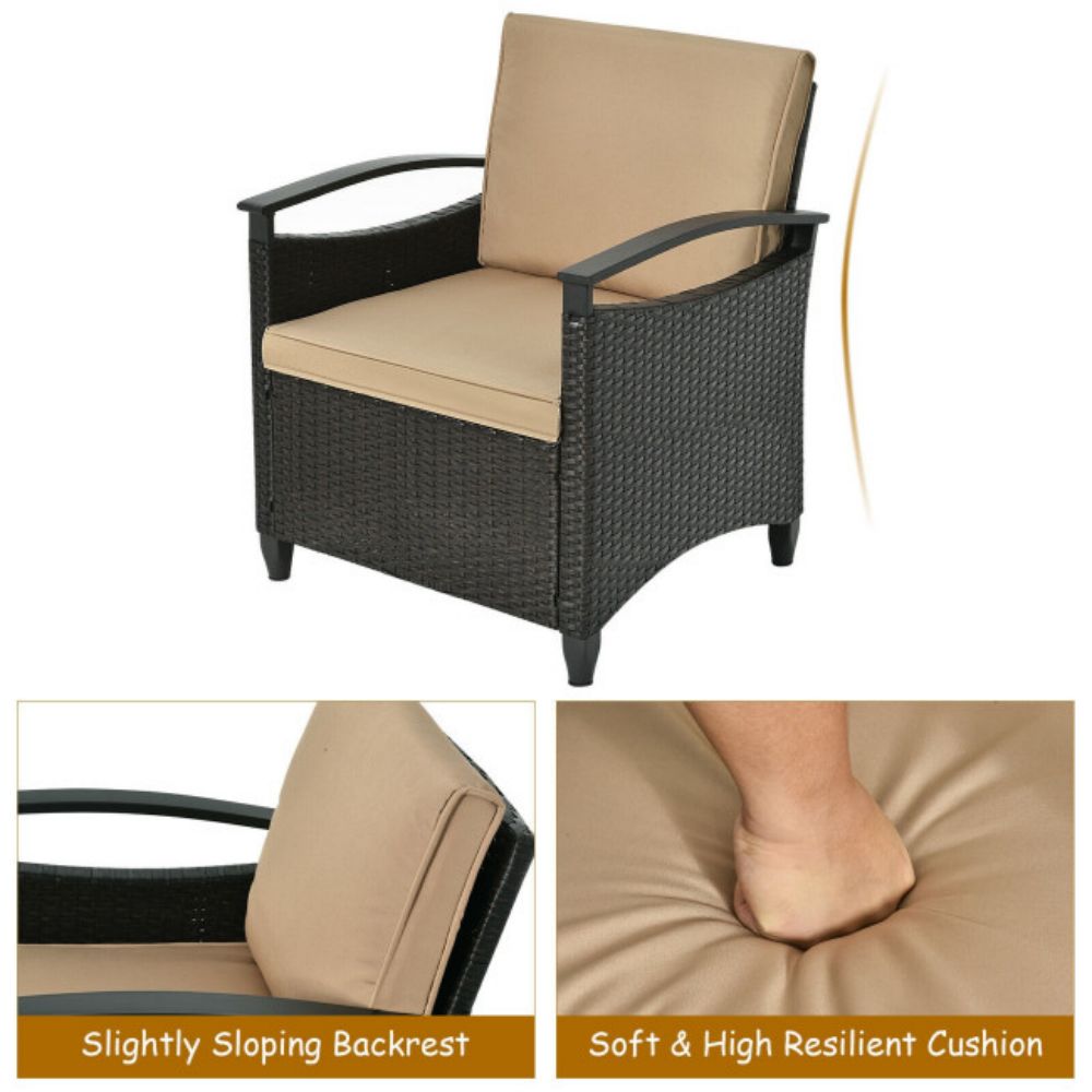 3-Pieces Outdoor Rattan steel Frame Patio Conversation Furniture Set with Brown Cushion