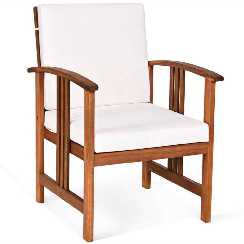 3-Pieces Outdoor Wooden Patio Conversation Furniture Set with White Cushion