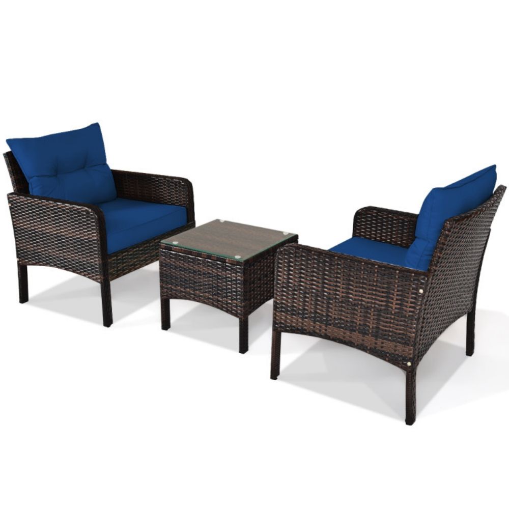 3-Pieces Outdoor Wicker Patio Conversation Furniture Set with Navy Blue Cushion