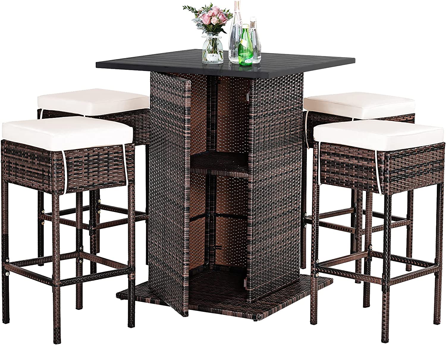 5-Piece Patio Wicker Rattan Outdoor Dining Set with Hidden Storage Shelf and Beige Cushions