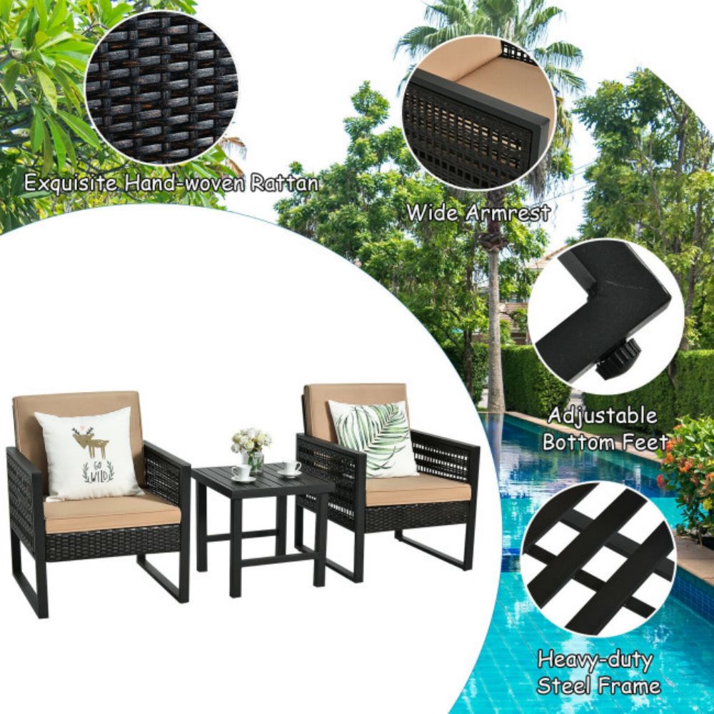 3-Pieces Outdoor Rattan steel Frame Patio Conversation Furniture Set with Brown Cushion