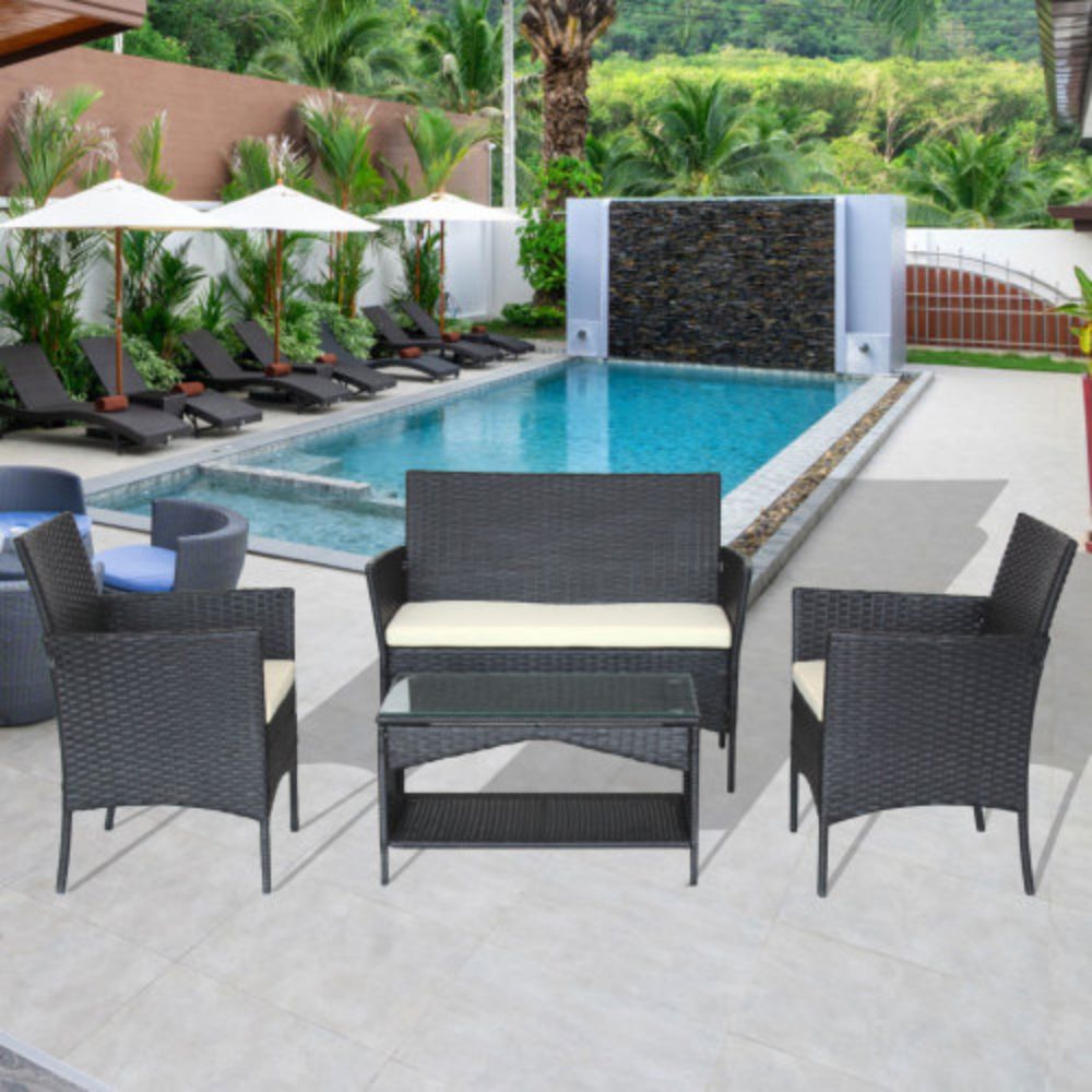4-Piece Rattan Outdoor Conversation Seating Set with Beige Cushion and Patio Tempered Glass Table
