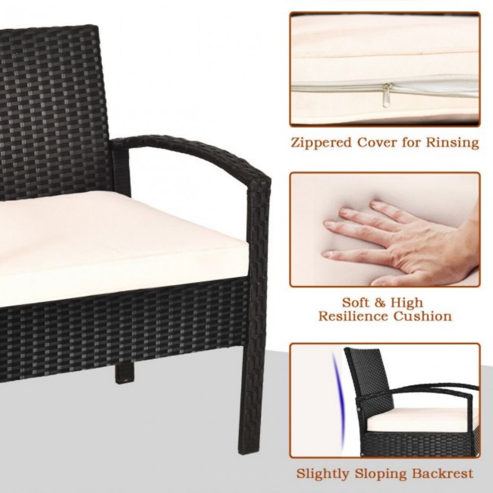 3-Piece Wicker Patio Conversation Set with White Cushions