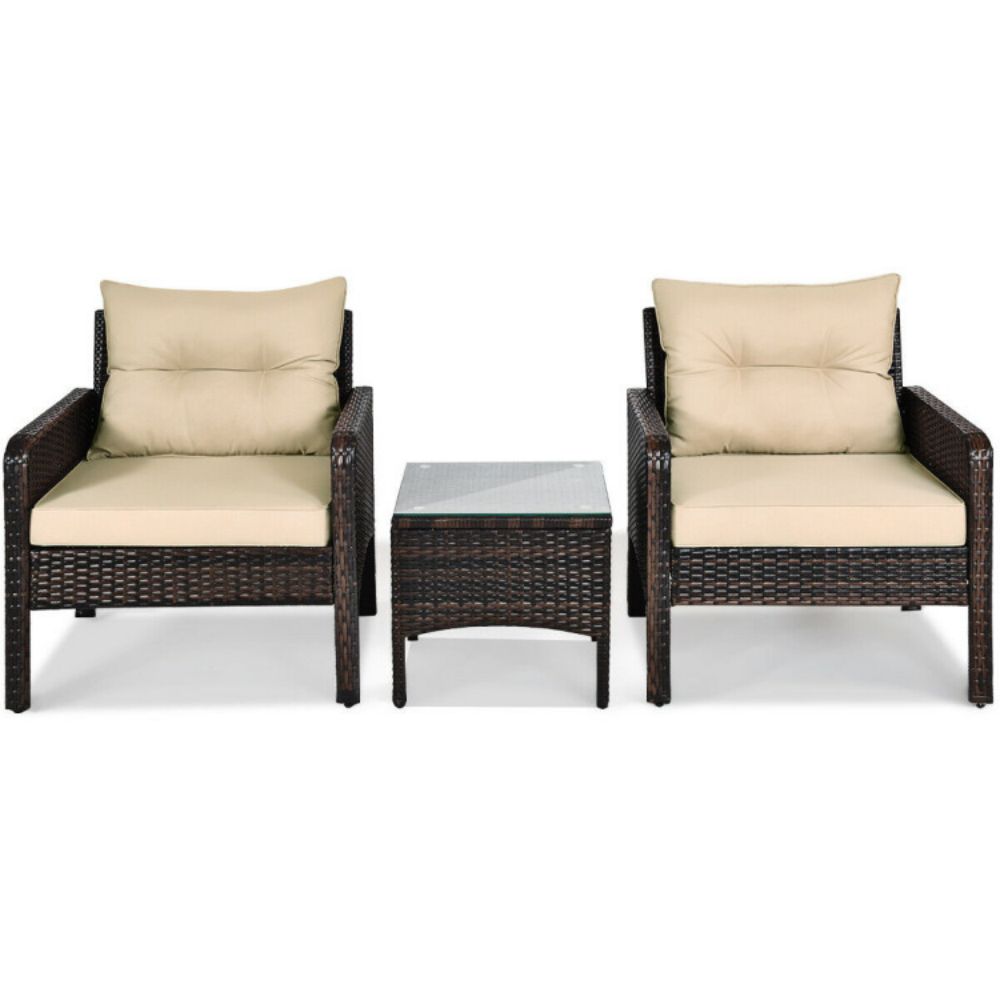 3-Pieces Outdoor Wicker Patio Conversation Furniture Set with Beige Cushion