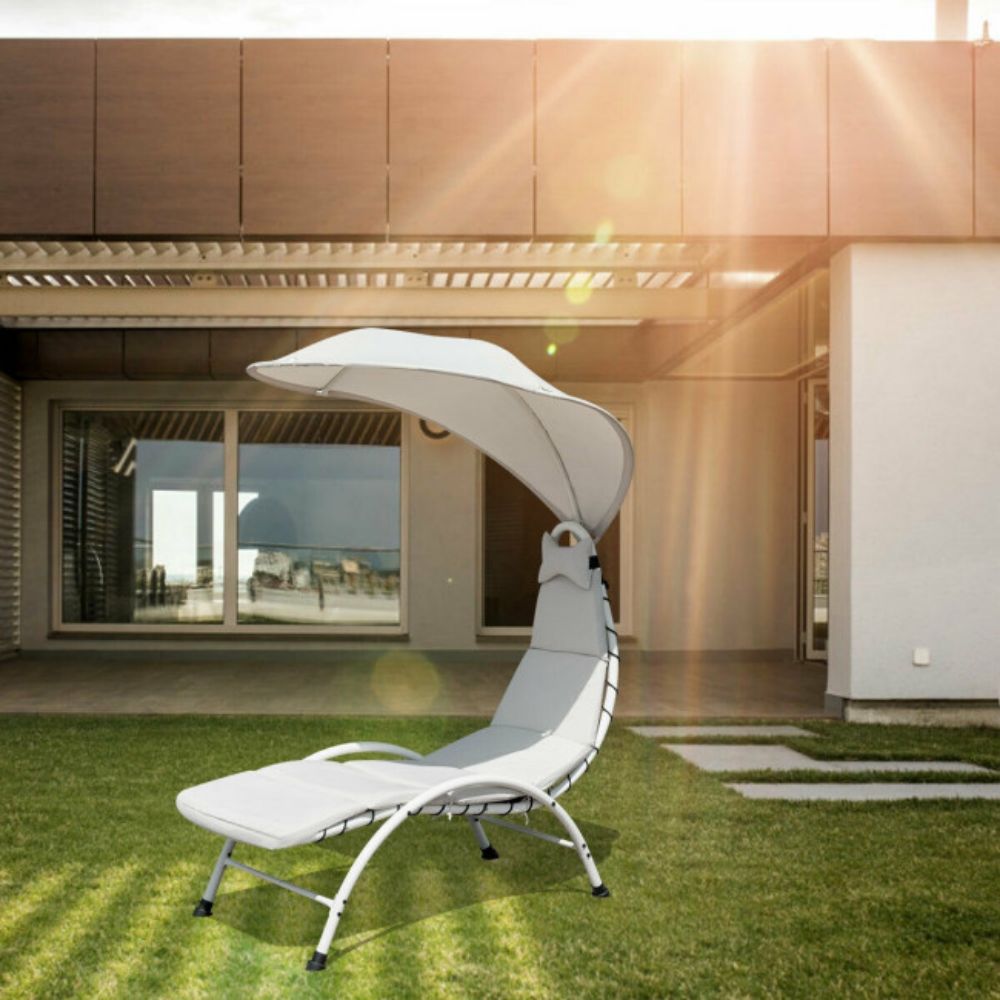 Metal Outdoor Canopy Chaise Lounge Chair with Beige Canopy and Cushion