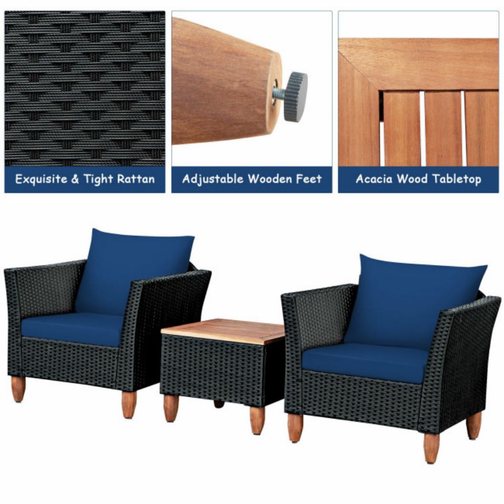 3-Pieces Rattan Outdoor Patio Conversation Set with Navy Cushions