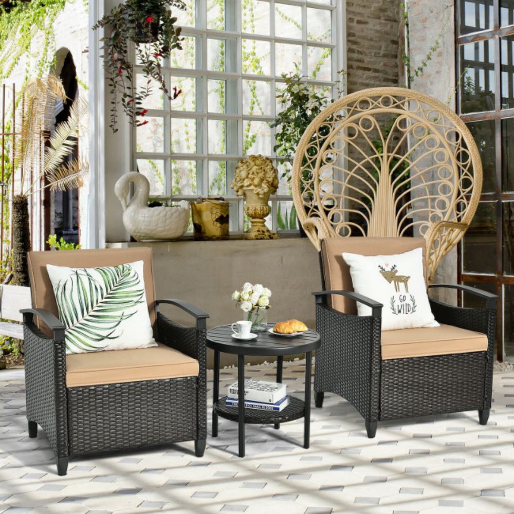 3-Pieces Outdoor Rattan steel Frame Patio Conversation Furniture Set with Brown Cushion