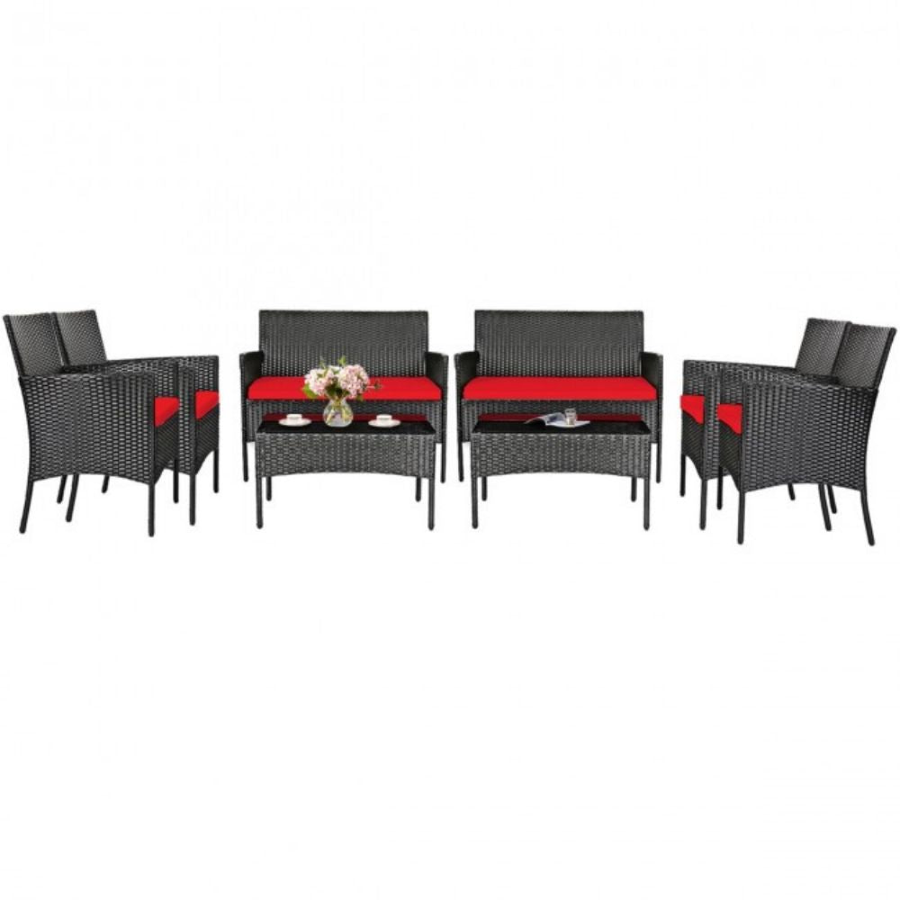 4-Piece Rattan Outdoor Conversation Seating Set with Red Cushion and Patio Tempered Glass Table